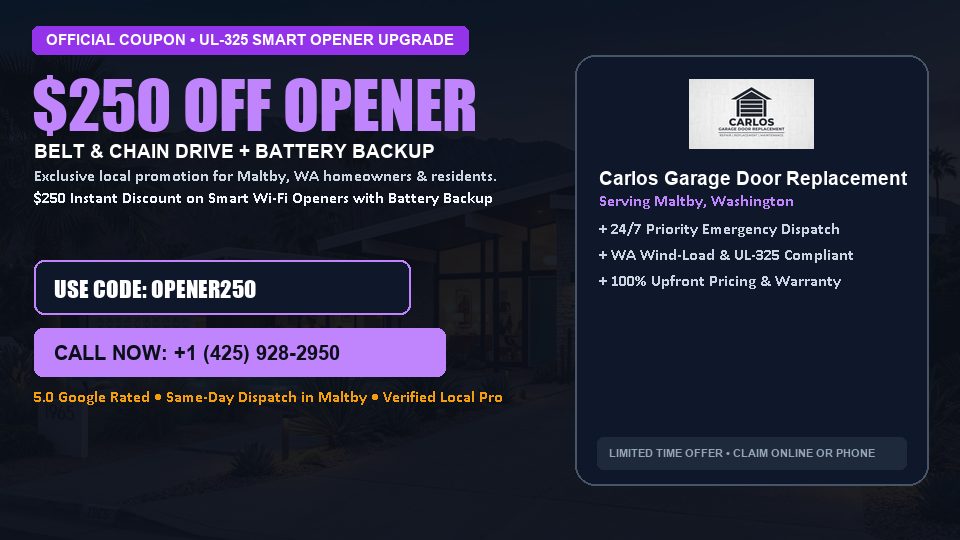 $250 OFF Smart Wi-Fi Garage Door Opener Installation in Maltby, WA - Carlos Garage Door Replacement